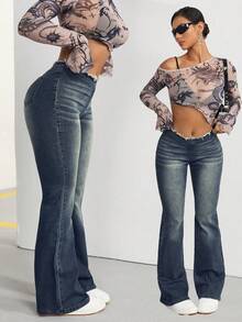 SHEIN ICON Women's Casual Flared Jeans With Frayed Hem - Dark Wash - View 5