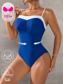 Swim DD+ 女士撞色褶皱时尚吊带连体泳衣 - 藍色 - 查看 6