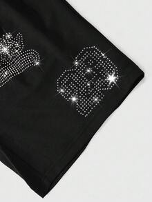 Manfinity EMRG Men's Black Rhinestone Embellished Set, Featuring Los Angeles 23 Graphic, American Streetwear Style, Suitable For Casual, Party, Date, Couple Wear, Summer, Los Angeles 23 Rhinestone Embellished Set - Black - View 4