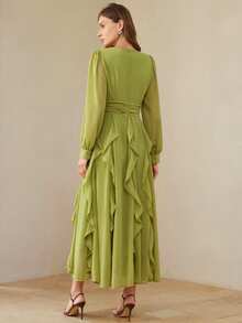 BELROSIE Women's Autumn Elegant Olive Green Chiffon V-Neck Ruched Maxi Dress, Dining Boho Multi-Layer Ruffle Trim Long Sleeve Cinched Waist Solid Dress - Mint Green - View 2