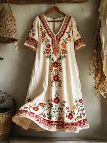 Women's Floral Print V-Neck Short Sleeve Vacation Dress - Multicolor - View 8