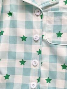 2pcs Baby Boys' Elegant Green & White Plaid And Star Print Cardigan Collar Short Sleeve Pants Comfortable Pajamas Set - Green - View 8