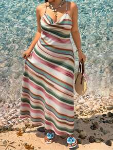 SHEIN EZwear Đầm mùa hè có mũ trùm đầu kẻ sọc nhiều màu sắc, kiểu dáng thường ngày, cỡ lớn, phong cách nghỉ mát. - Nhiều màu - Xem 10