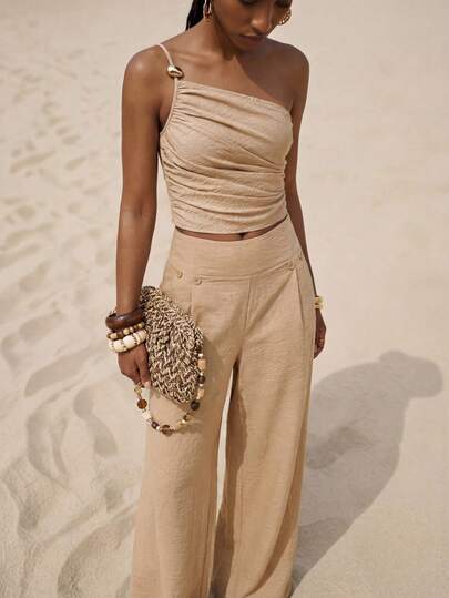 Zivah 2pcs Set: Shoulder Strap Top And Wide Leg Pants With Pockets & Button Decor, Apricot Linen, Spring/Summer 2026
