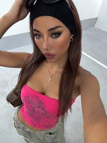 StreetHx Áo croptop bó sát đính đá cho nữ, phong cách đường phố. - Hồng - Xem 4
