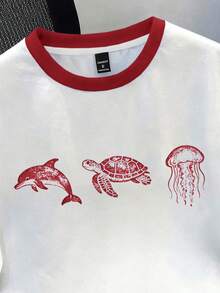 Manfinity Joysei 男士圆领撞色滚边海洋动物印花休闲日常短袖T恤 - 彩色 - 查看 2