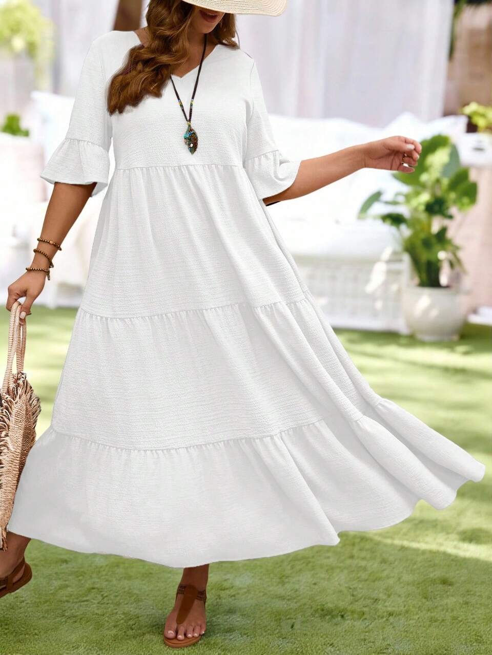 Plus Size Women's Deep V-Neck Ruffle Sleeve Multi-Tiered Hem Long Yellow Dress For Summer