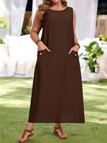 Rosumi Plus Size Solid Color Minimalist Sleeveless Round Neck Dress, Everyday Wear/Summer/Spring/Vacation - Coffee Brown - View 7