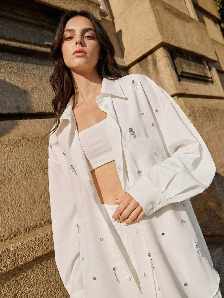 Anewsta Blusa blanca holgada de manga larga con cuello vuelto, casual y hecha a mano con cuentas, talla grande para mujer - Blanco - Ver 1