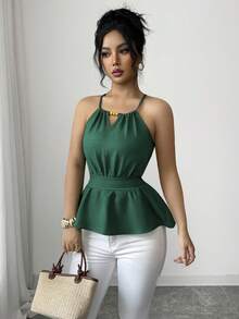 Elenzga Áo tank top nữ thanh lịch màu xanh lá cây, không tay, ôm dáng, trang trí hạt gỗ và có dây rút, thích hợp cho mùa xuân/hè. - màu xanh lá - Xem 5