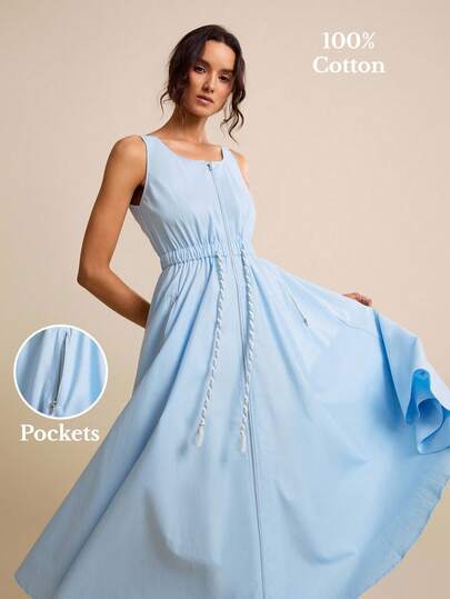 LOTSLUV Women's Light Blue U-Neck Sleeveless Cinched Waist Woven Textured Dress, Spring/Summer,Casual Dresses For Women,Summer Dresses For Women,Midi Dress,Blue Dresses For Women,Vacation Dresses, Dresses With Pockets, Light Blue Dress For Women, Baby Blue Long Dress, Long Light Blue Dress, Dresses With Pockets For Women, Women's Summer Dresses, Picnic Dresses For Women, Baby Shower Dresses For Woman, Breast Feeding Dresses