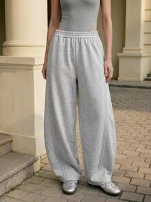 Anewsta 新款灰色女士弹力腰阔腿裤，春季休闲宽松直筒裤，简约显瘦时尚百搭阔腿裤 - 淺灰色 - 查看 2
