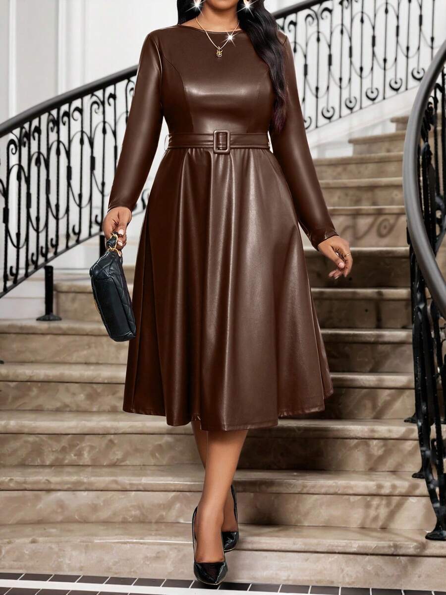 SHEIN Lady Váy chữ A cổ tròn chất liệu vải PU màu đỏ rượu vang thời trang thu đông cỡ lớn có thắt lưng cỡ lớn - Màu nâu  Mocha - Xem 1