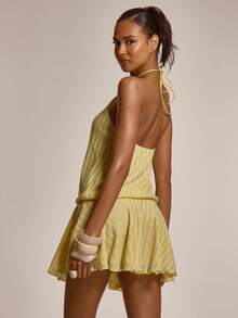 MUSERA Strappy Halterneck Cutout Keyhole Front Flowy Ruffled Shift Hem Dress Cute Summer Spring Sexy Going Out Beach Holiday Vacation Honey Tides - Yellow - View 5