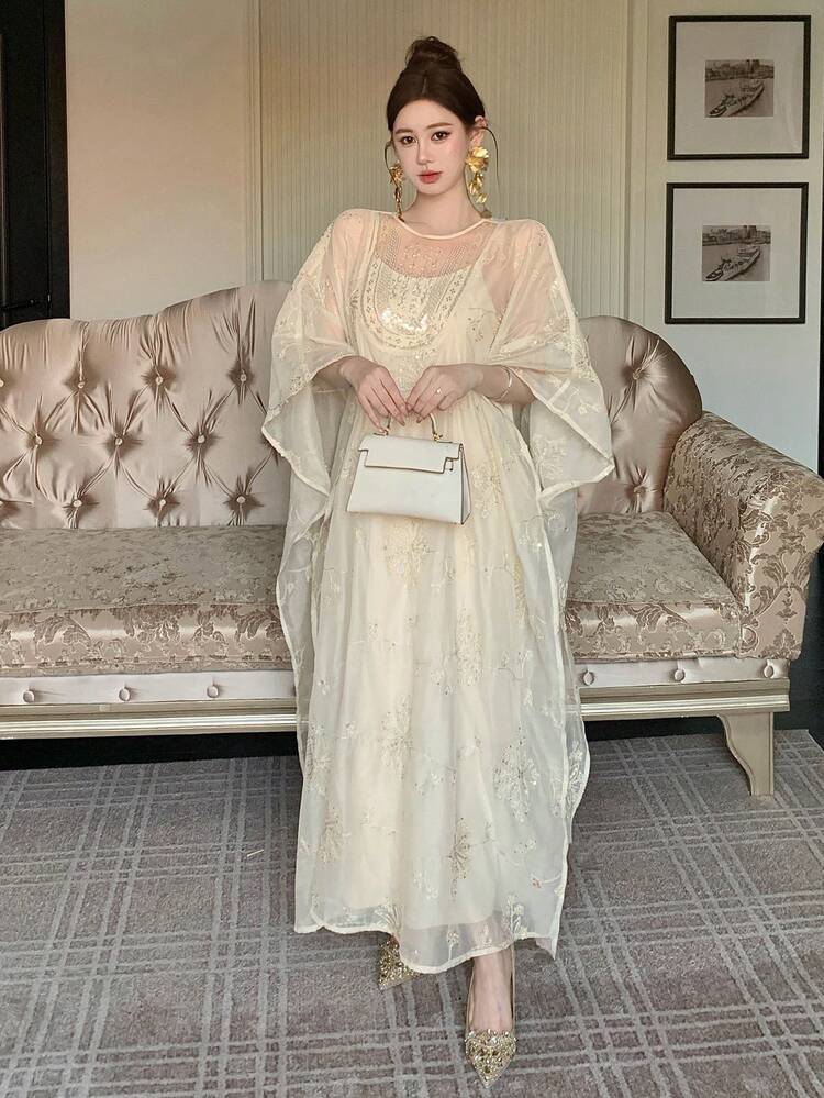 Women's Elegant Ethereal Embroidered Sequin Semi-Sheer Batwing Sleeve Loose Dress Sun Dresses For Women