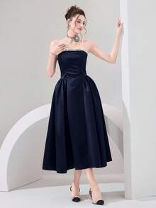 Poshira Women's Rhinestone Decorated Glamorous Strapless Formal Gown (Heavy Embellishment) - Navy Blue - View 4