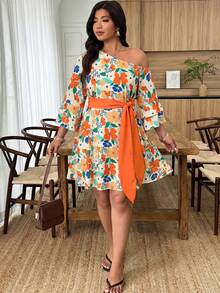 Weeklong Vestido bohemio de vacaciones mini con cuello asimétrico, manga con volantes y estampado floral naranja para tallas grandes - Multicolor - Ver 4