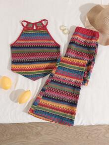 Tween Girls Vacation Beach Colorful Striped Jacquard Contrast Color Halter Neck Tank Top + Flare Pants Set - Multicolor - View 6