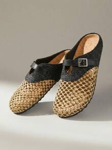 Solecia Women Shoes Spring And Summer New Woven Mat Net, Splicing With Decoration, Round Toe Design, Slip-On Heel, Comfortable And Simple Vacation, Women's Flat Shoes, Essential For Commuting, Casual Versatile, Dating Travel, Afternoon Tea - Black - View 4