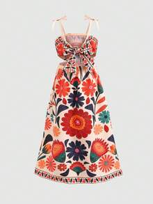 SHEIN 少女編織花卉休閒度假蝴蝶結肩帶洋裝，適合度假、海灘、旅行及其他場合 - 彩色 - 查看 5