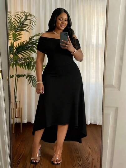 Villa Velisse Plus Size Women's Asymmetrical Shoulder Casual Dress, Suitable For Spring/Summer Daily Wear, Romantic Date, Versatile And Commuting