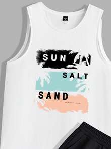 Manfinity RSRT Men's White Tank Top And Black Shorts Set, Lightweight Knitted Leisure Beachwear With Surf Pattern, Hawaiian Palm Tree And Letter Print, Summer - Black and White - View 2