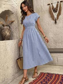 EMERY ROSE 女士休闲格子收腰长连衣裙，夏季女士连衣裙，格纹野餐连衣裙，格纹连衣裙，女士休闲连衣裙，女士夏季休闲连衣裙 - 藍白色 - 查看 9