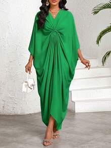 SHEIN Lady Women's Casual Elegant Modest Loose Batwing Sleeve Dress, Green, Suitable For Holiday Vacation Wear, Bohemian Style/Bohemian Clothing Party Autumn - Green - View 6