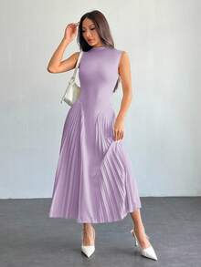 SHEIN PETITE Elegantes plissiertes, figurbetontes A-Linien-Kleid für Damen, Sommerkleider für Damen, Petite Damen - Violett - Übersicht 6