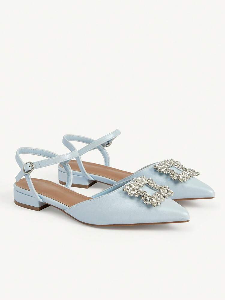 CUCCOO CHICEST Women Shoes New French Temperament Rhinestone Square Buckle Sexy Light Blue Pointed Flat Low-Heeled Shoes, Fashionable, Elegant, Comfortable And Not Tired Of Feet, Fairy Style High-End Closed Toe Sandals