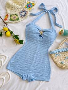 Soleia Women's Vacation Halter Tie Bow Solid Color Textured Jumpsuit, Beach Party - Baby Blue - View 4