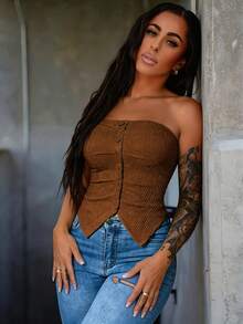 SAYEHFBABY Top sin tirantes de ajuste delgado con botones delanteros y textura de unicolor para mujeres, moderno y adecuado para el verano - Marrón - Ver 3