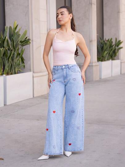 Andrea Bello 女士休闲日常通勤爱心刺绣宽松阔腿牛仔裤