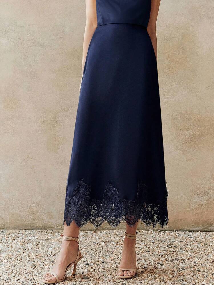 High Quality Fashion Standard Size Women's Summer New French Elegant Satin Lace Trim Skirt, Slimming Commute & Date Dress