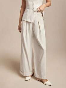 BizChic Bộ đồ công sở thành thị thời trang và thanh lịch mùa xuân/hè mới, gồm áo cardigan hai dây bằng vải lanh phối ren, mở phía trước và cúc hình nấm, quần ống ôm cạp chun, - trắng - Xem 6