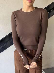 Marta Soriano 百搭圆领休闲百搭长袖针织汗衫 - 咖啡棕 - 查看 3