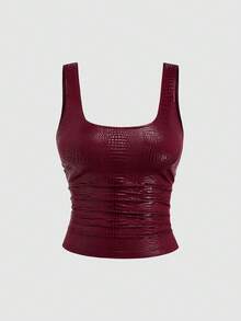 Sweetra 新款时尚酒红色鳄鱼纹压花PU涂层弹力街头风派对夜店通勤日常修身背心，女款，春夏 - 酒紅色 - 查看 1