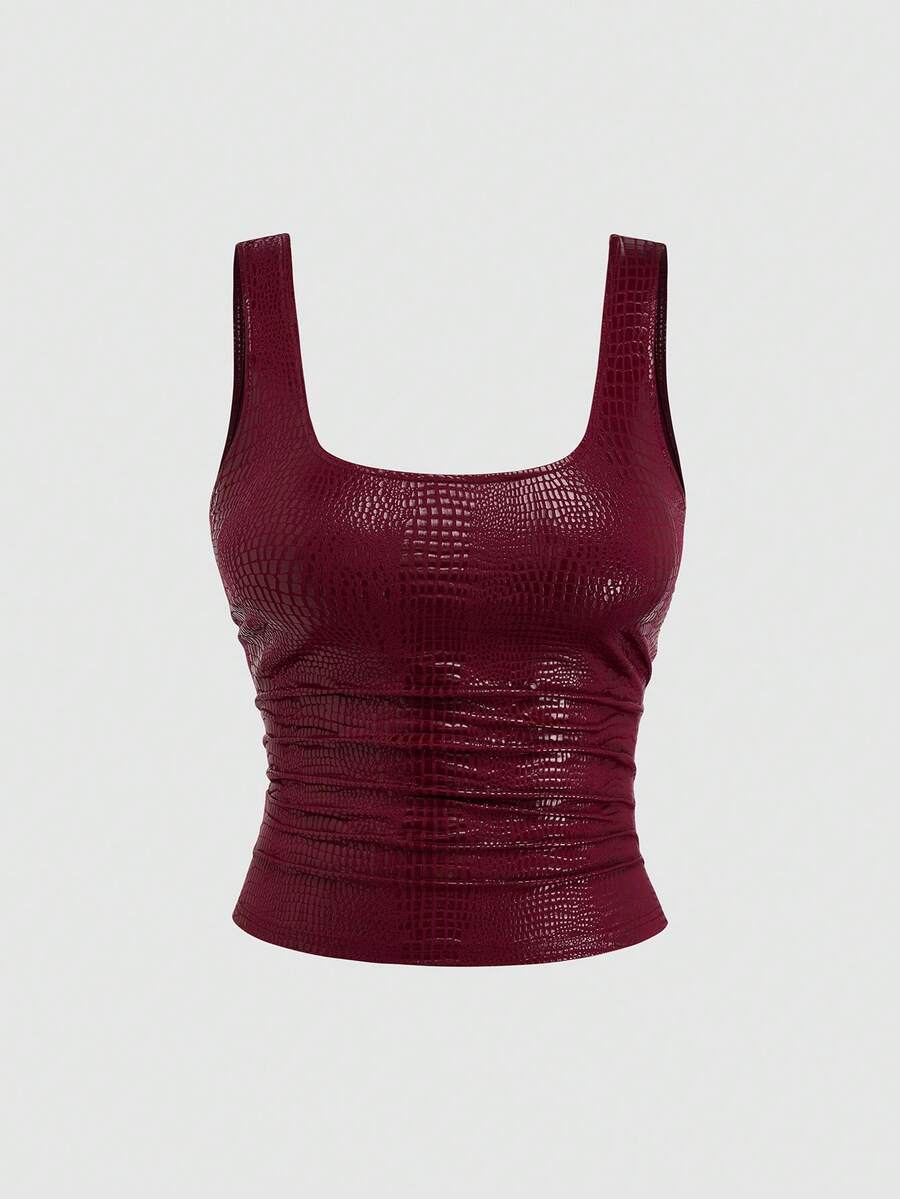 Sweetra 新款时尚酒红色鳄鱼纹压花PU涂层弹力街头风派对夜店通勤日常修身背心，女款，春夏 - 酒紅色 - 查看 1