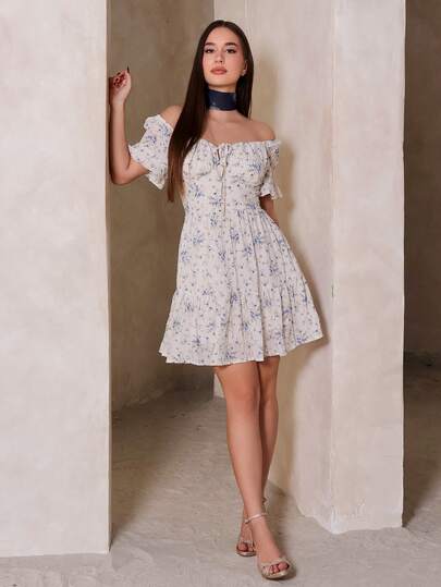 Duda Rubert 女士夏季度假风格蓝色碎花纹理泡泡袖休闲短裙女士春季服装女士夏季服装女士春季服装女士度假服装女士沙滩服装女士春季服装女士复活节服装女士Fairycore浪漫婚礼季节服装日常服装、茶会服装、女士夏季服装