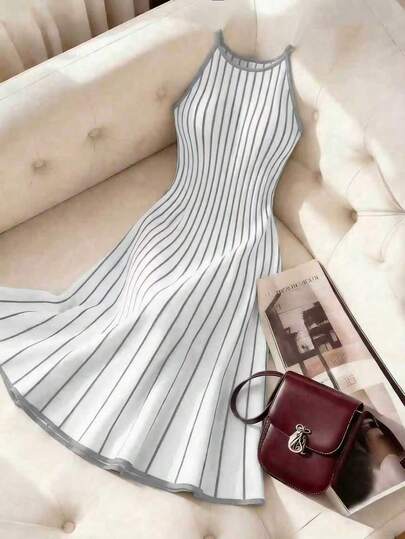 Franclia Đầm dệt kim không tay cổ tròn phối màu sọc kẻ kiểu vintage mới dành cho nữ