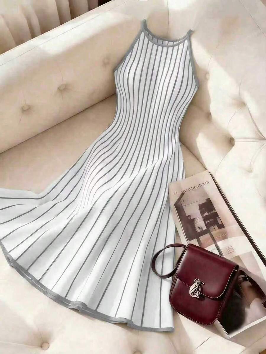 Franclia New Vintage Striped Patchwork Contrast Color Round Neck Sleeveless Knit Dress For Women - Light Grey - View 1