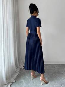 Rafferiza 女款海軍藍夏季優雅辦公洋裝，時尚翻領短袖綁腰假兩件式百褶長洋裝，法式職場派對裙 - 藏蓝色 - 查看 2