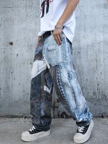 Manfinity EMRG 男士牛仔印花阔腿裤 - 彩色 - 查看 5