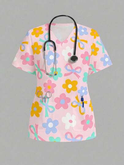 PopScrub Women's Floral Print Casual Minimalist Daily Scrub Uniform Top