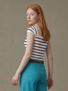 Camiseta de punto de manga corta a rayas con ajuste minimalista francés, diseño único, versátil, nueva llegada de primavera/verano - Blanco y Negro - Ver 2