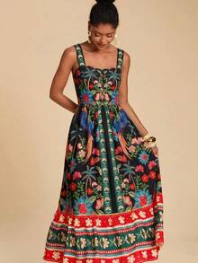 Travachic 女士印花褶皱休闲度假沙滩约会连衣裙 - 黑色 - 查看 6