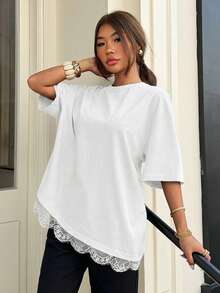 Muchica White Lace Trim T-Shirt For Women, Spring/Summer New Arrival - White - View 4