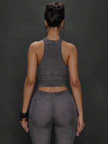 MUSERA Áo nữ màu trơn cổ xếp ly hở lưng gợi cảm không tay mùa xuân hè và ngày lễ - Màu xám đen - Xem 2