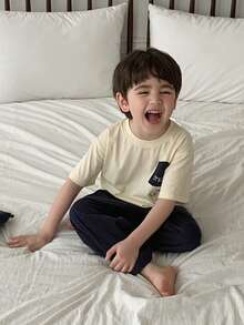 DAZY Cartoon Print Short Sleeve T-Shirt And Pants Pajama Set For Young Boy Summer - Apricot - View 3