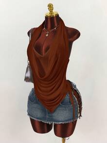 Amplova 女士垂褶领双层衬衫，不对称下摆，侧边褶皱 - 咖啡棕 - 查看 4